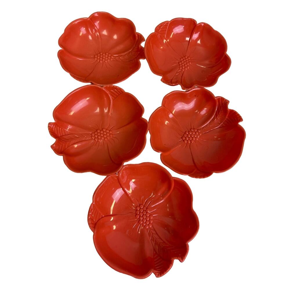 5 Vintage Hofmann Industries Melamine Plastic Flower Shaped Orange Snack Bowls